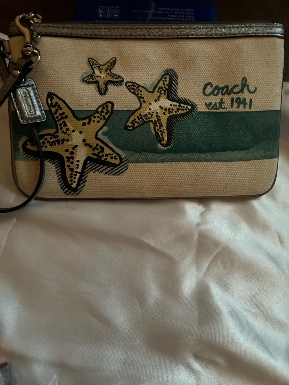 Coach Starfish Beach Wristlet Cream Teal Canvas Coastal Est 1941 Hangtag - Picture 2 of 6